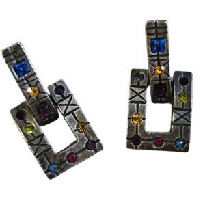 Patricia Locke Geo Silver Earrings w Multicolor Stones Vintage